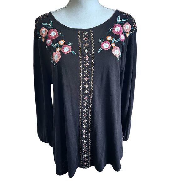 Style & Co Embroidered Floral Black Tunic Top XL Boho Peasant Blouse - Picture 1 of 4